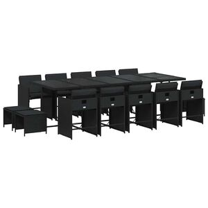 vidaXL 15 Piece Garden Dining Set with Cushions Black Poly Rattan