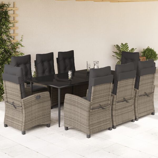 vidaXL 9 Piece Garden Dining Set with Cushions Grey Poly Rattan