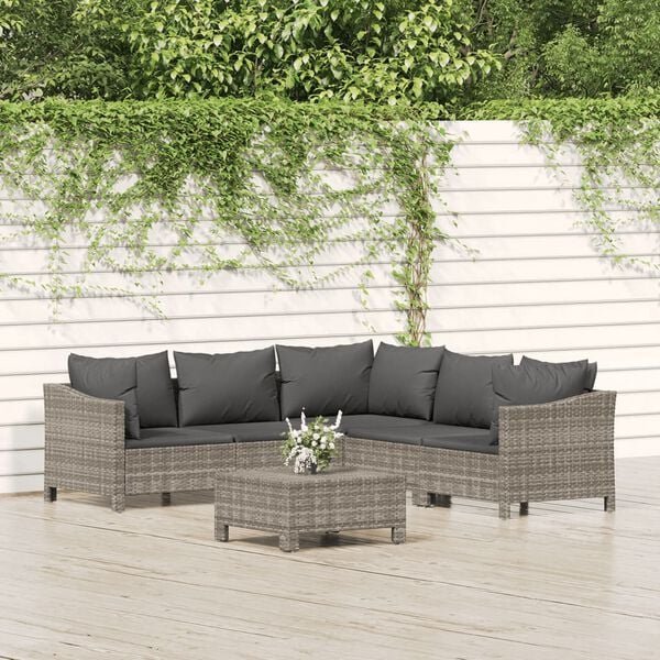 vidaXL 6 Piece Garden Lounge Set with Cushions Grey Poly Rattan
