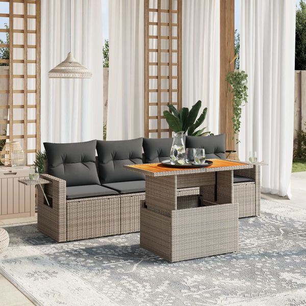 vidaXL 5 Piece Garden Sofa Set with Cushions Grey Poly Rattan