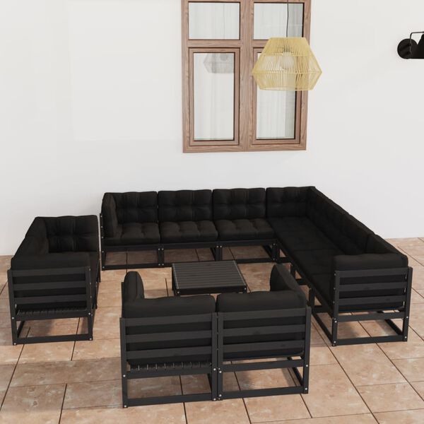 vidaXL 12 Piece Garden Lounge Set with Cushions Black Solid Pinewood