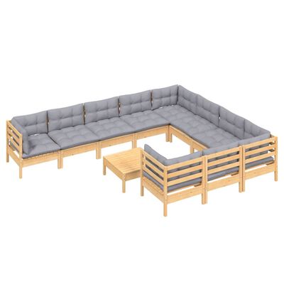 vidaXL 11 Piece Garden Lounge Set with Grey Cushions Pinewood