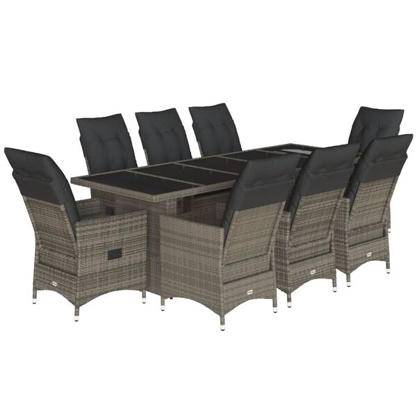 vidaXL 9 Piece Garden Bistro Set with Cushions Grey Poly Rattan