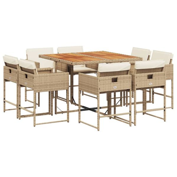 vidaXL 9 Piece Garden Dining Set with Cushions Beige Poly Rattan