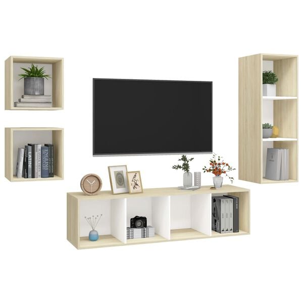 vidaXL 4 Piece TV Cabinet Set White and Sonoma Oak Engineered Wood