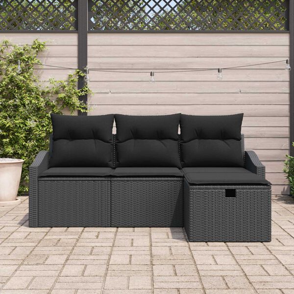 vidaXL Sofa Set with Cushion with Storage 4 pcs Black Poly Rattan