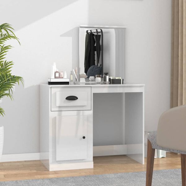 vidaXL Dressing Table with Mirror High Gloss White 90x50x132.5 cm Engineered Wood