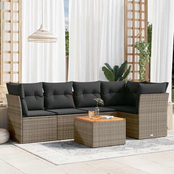 vidaXL 6 Piece Garden Sofa Set with Cushions Grey Poly Rattan