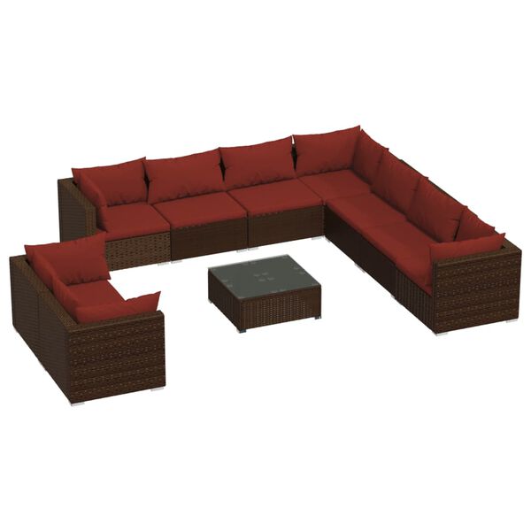 vidaXL 10 Piece Garden Lounge Set with Cushions Brown Poly Rattan