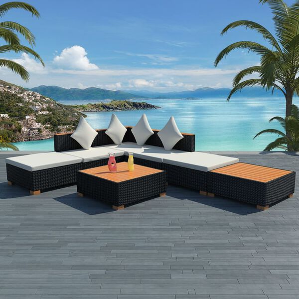 vidaXL 7 Piece Garden Lounge Set with Cushions Poly Rattan Black