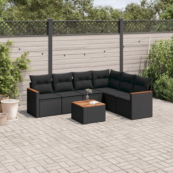 vidaXL 7 Piece Garden Sofa Set with Cushions Black Poly Rattan