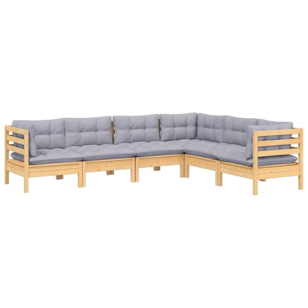 vidaXL 6 Piece Garden Lounge Set with Grey Cushions Solid Pinewood