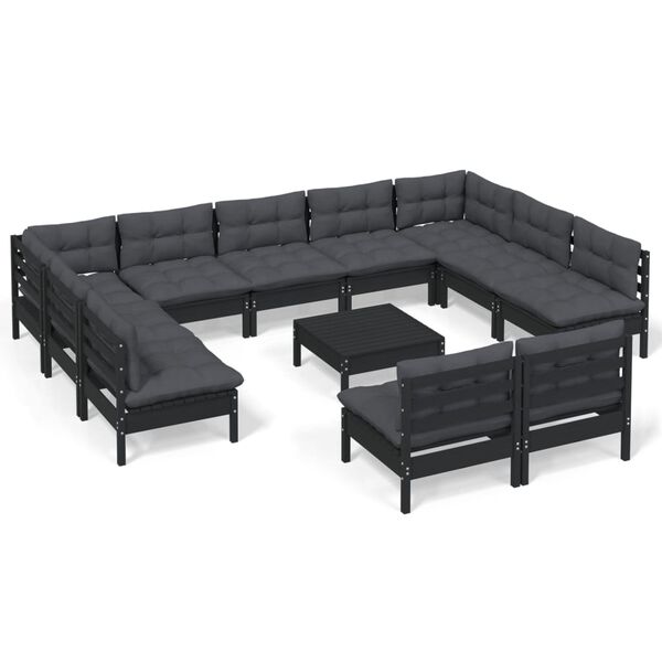 vidaXL 12 Piece Garden Lounge Set with Cushions Black Solid Pinewood