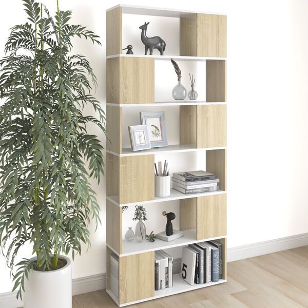 vidaXL Book Cabinet Room Divider White and Sonoma Oak 80x24x186 cm Engineered Wood