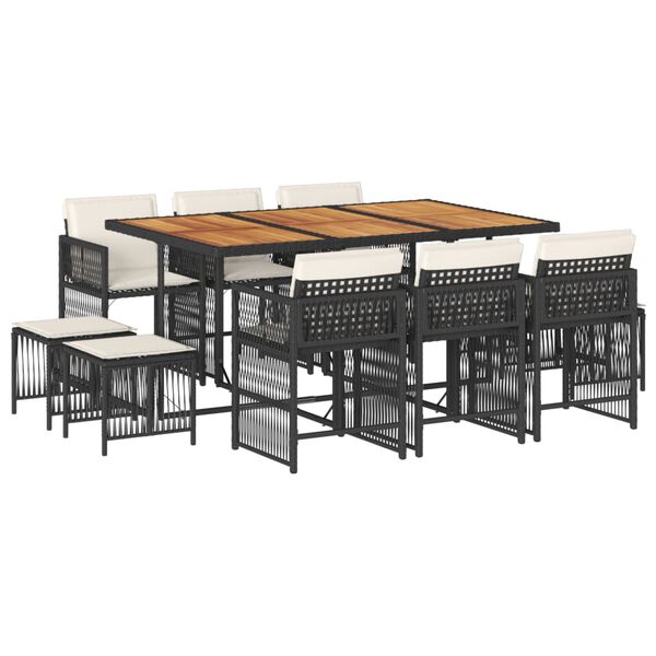 vidaXL 11 Piece Garden Dining Set with Cushions Black Poly Rattan