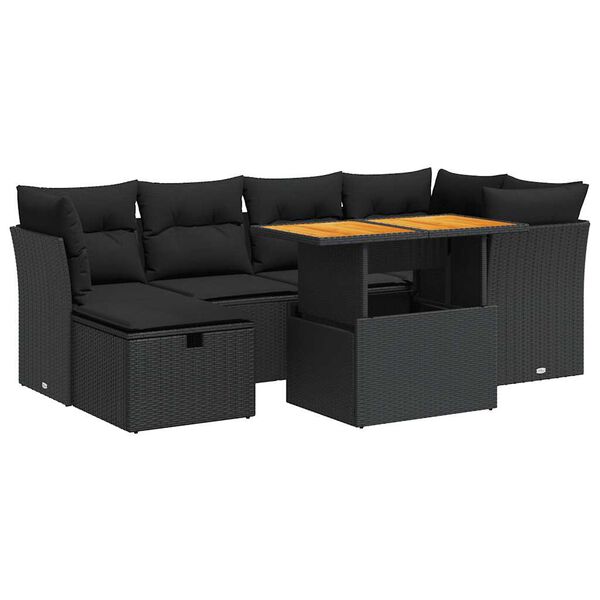 vidaXL 7 Piece Garden Sofa Set with Cushions Black Poly Rattan Acacia