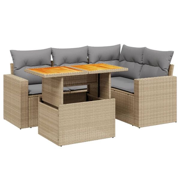 vidaXL 5 Piece Garden Sofa Set with Cushions Beige Poly Rattan