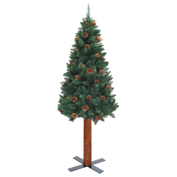 vidaXL Slim Pre-lit Christmas Tree with Real Wood&Cones Green 150 cm