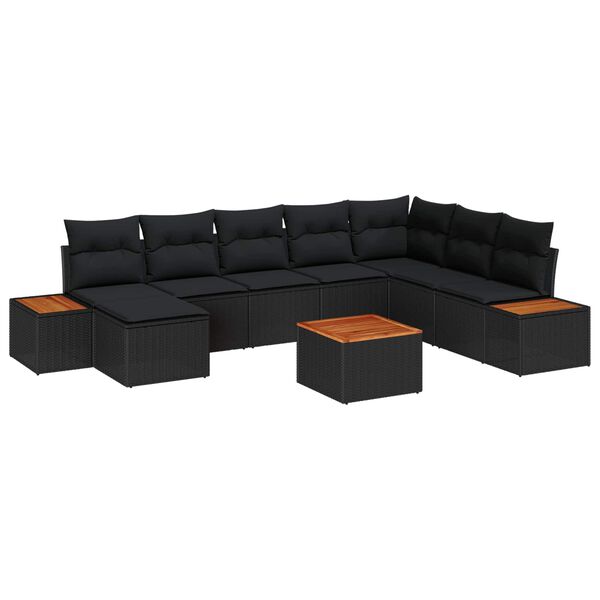 vidaXL Garden Sofa Set with Cushion 9 pcs Black Poly Rattan