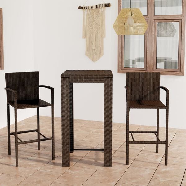 vidaXL 3 Piece Outdoor Bar Set with Armrest Poly Rattan Brown
