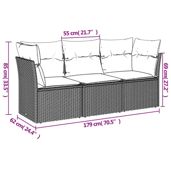 vidaXL 3 Piece Garden Sofa Set with Cushions Grey Poly Rattan