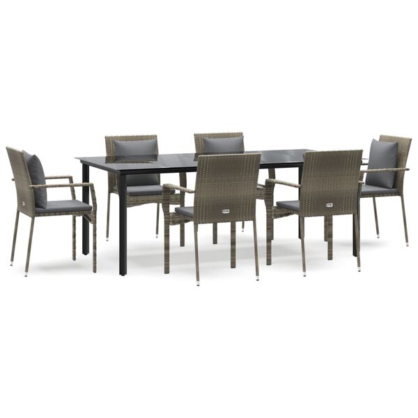 vidaXL 7 Piece Garden Dining Set with Cushions Black and Grey Poly Rattan
