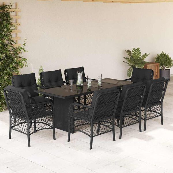 vidaXL 9 Piece Garden Dining Set with Cushions Black Poly Rattan