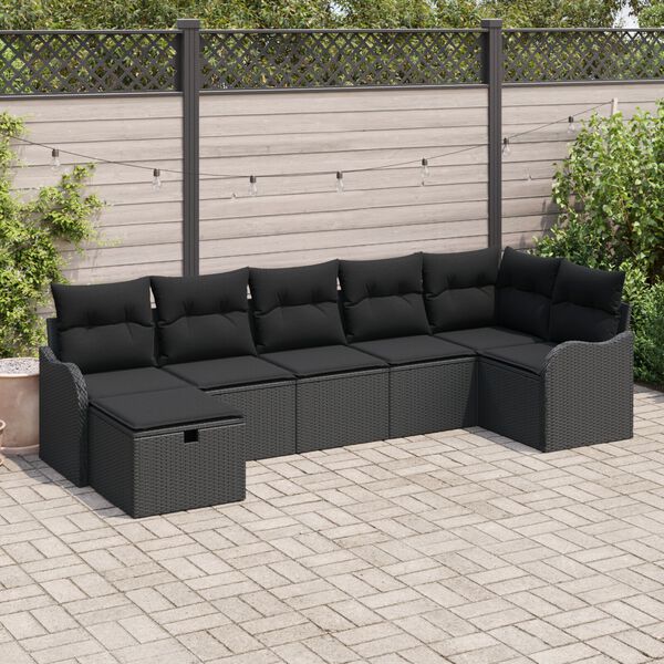 vidaXL Sofa Set with Cushion with Storage 7 pcs Black Poly Rattan