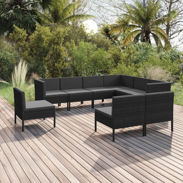 vidaXL 9 Piece Garden Lounge Set with Cushions Poly Rattan Black