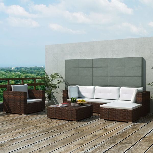 vidaXL 6 Piece Garden Lounge Set with Cushions Poly Rattan Brown