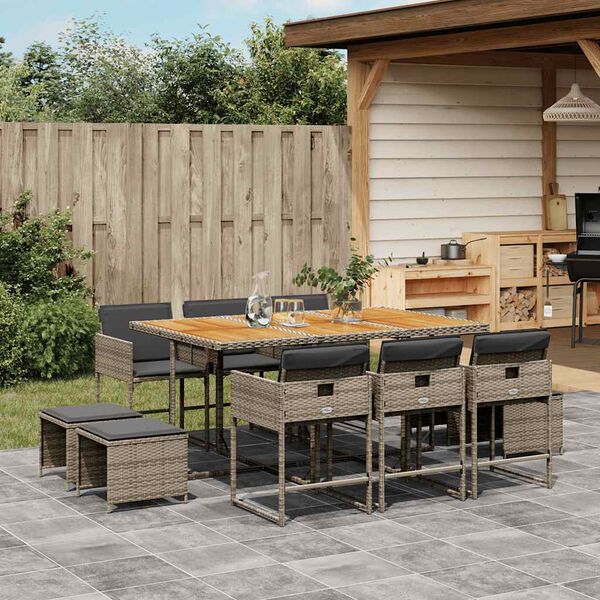 vidaXL 11 Piece Garden Dining Set with Cushions Grey Poly Rattan
