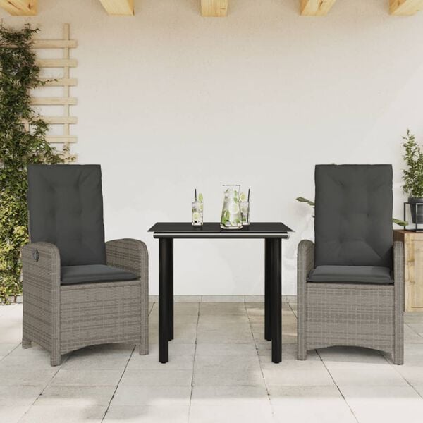vidaXL 3 Piece Garden Dining Set with Cushions Grey Poly Rattan