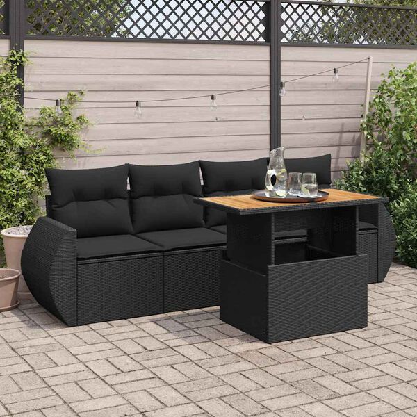 vidaXL 5 Piece Garden Sofa Set with Cushions Black Poly Rattan