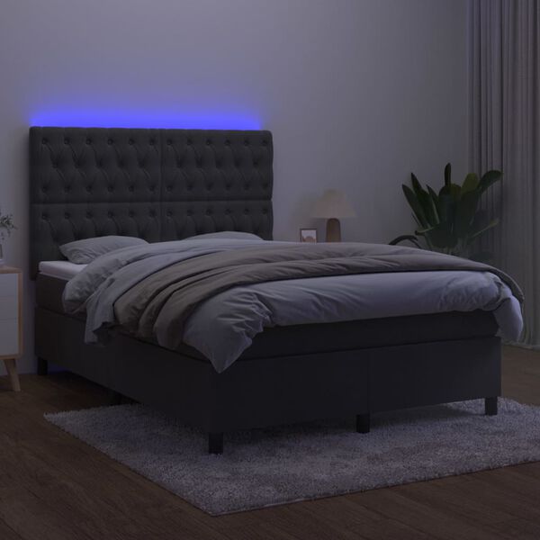 vidaXL Box Spring Bed with Mattress&LED Dark Grey 137x187 cm Double Size Velvet