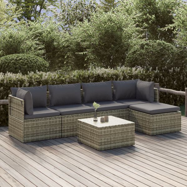 vidaXL 6 Piece Garden Lounge Set with Cushions Grey Poly Rattan