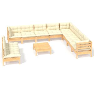 vidaXL 11 Piece Garden Lounge Set with Cream Cushions Solid Pinewood
