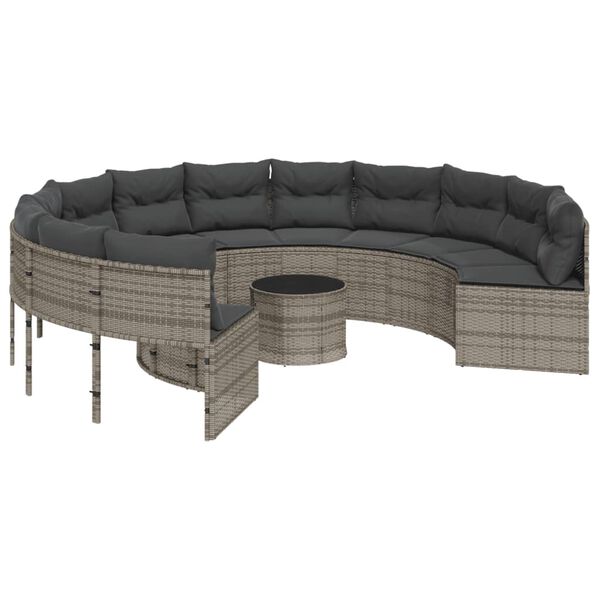 vidaXL Garden Sofa with Table and Cushions Round Grey Poly Rattan