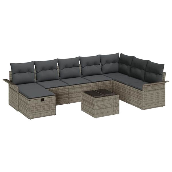 vidaXL Garden Sofa Set with Cushion 9 pcs Grey Poly rattan