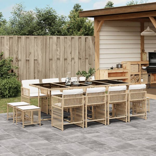 vidaXL 13 Piece Garden Dining Set with Cushions Beige Poly Rattan