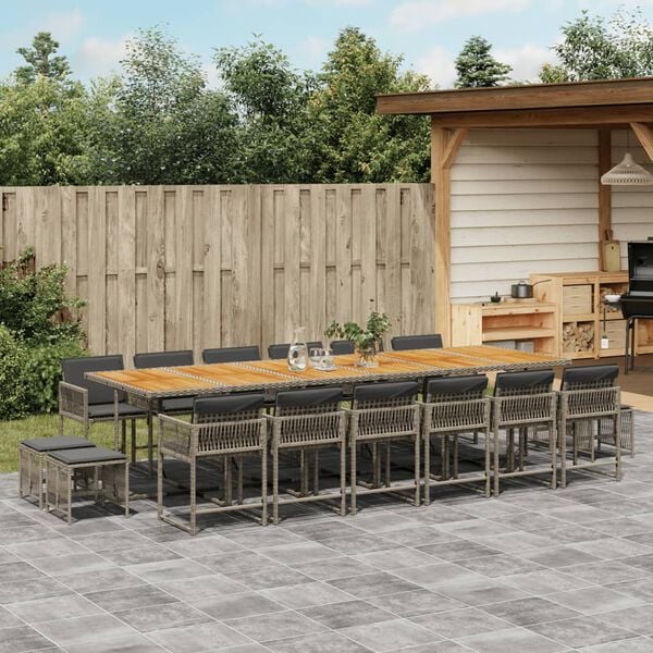 vidaXL 17 Piece Garden Dining Set with Cushions Grey Poly Rattan