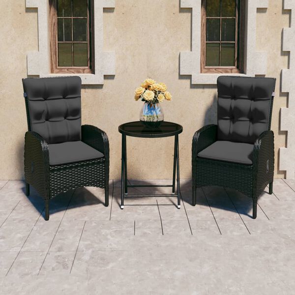vidaXL 3 Piece Garden Bistro Set Poly Rattan and Glass Black