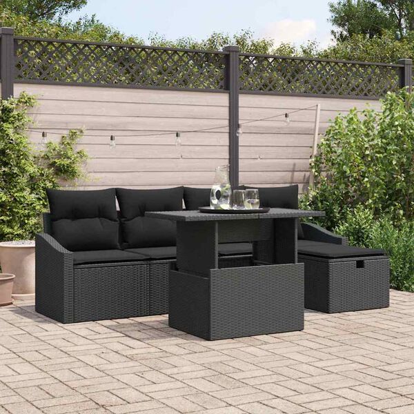 vidaXL Garden Sofa Set with Cushion 6 pcs Black Poly Rattan