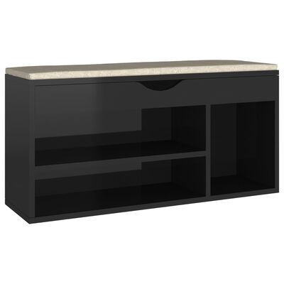 vidaXL Shoe Bench with Cushion High Gloss Black 104x30x49 cm Engineered Wood