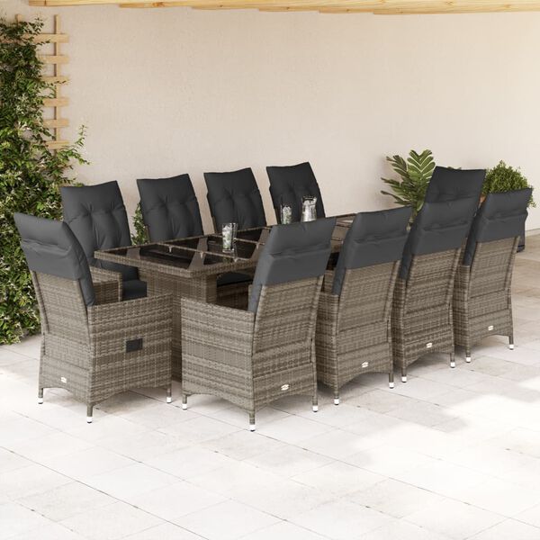 vidaXL 11 Piece Garden Bistro Set with Cushions Grey Poly Rattan