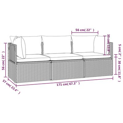 vidaXL 3 Piece Garden Lounge Set with Cushions Grey Poly Rattan