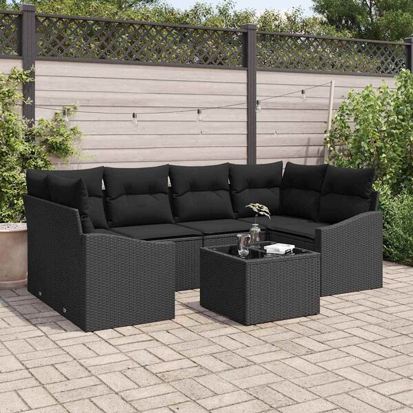vidaXL Sofa Set with Cushion with Pillow 7 pcs Black Poly Rattan