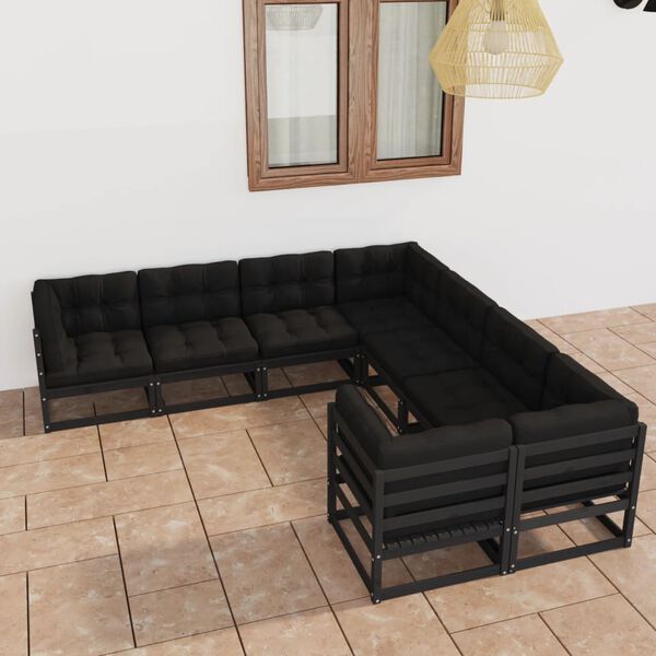 vidaXL 8 Piece Garden Lounge Set with Cushions Black Solid Pinewood