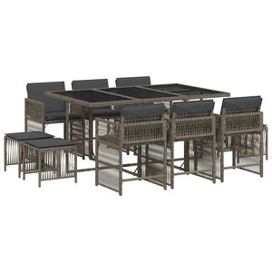 vidaXL 11 Piece Garden Dining Set with Cushions Grey Poly Rattan