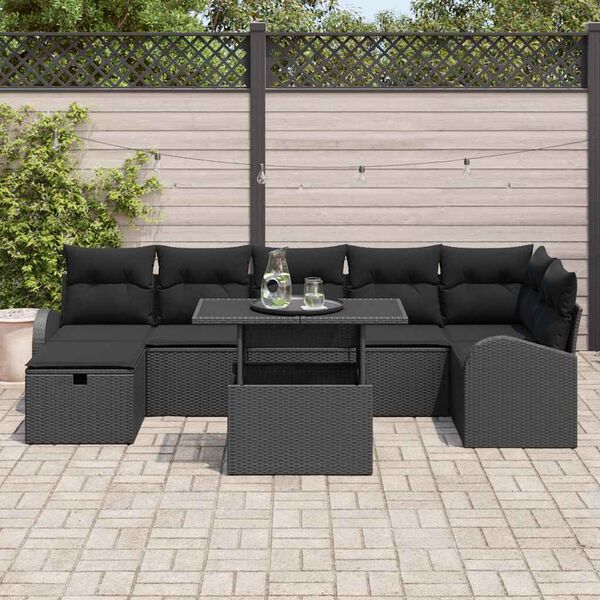 vidaXL Garden Sofa Set with Cushion 8 pcs Black Poly rattan
