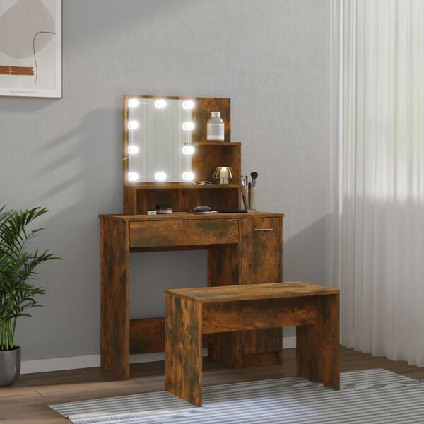 vidaXL Dressing Table Set with LED Smoked Oak Engineered Wood